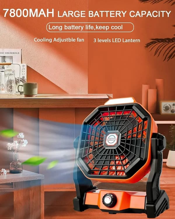 Campingfläkt, uppladdningsbart batteri, justerbart LED-ljus,Orange