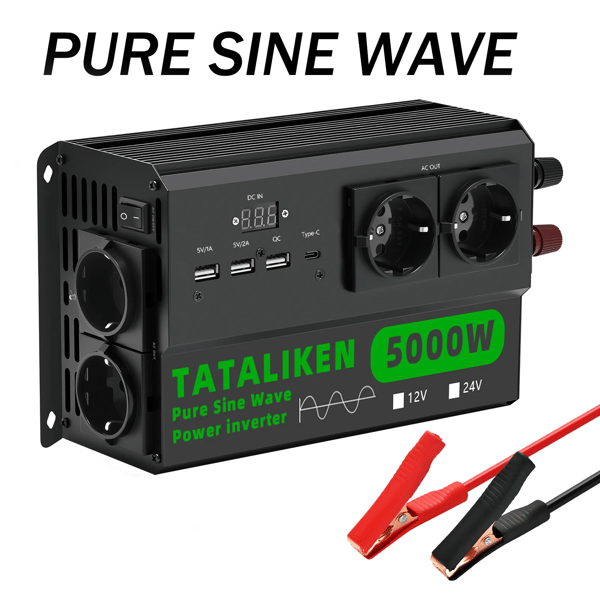 Inverter, 4 EU stik, Auto termostat blæser,5000W EU-sort