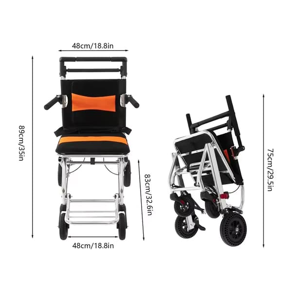 Sammenklappelig kørestol, bærbar, robust design, store baghjul,Appelsin