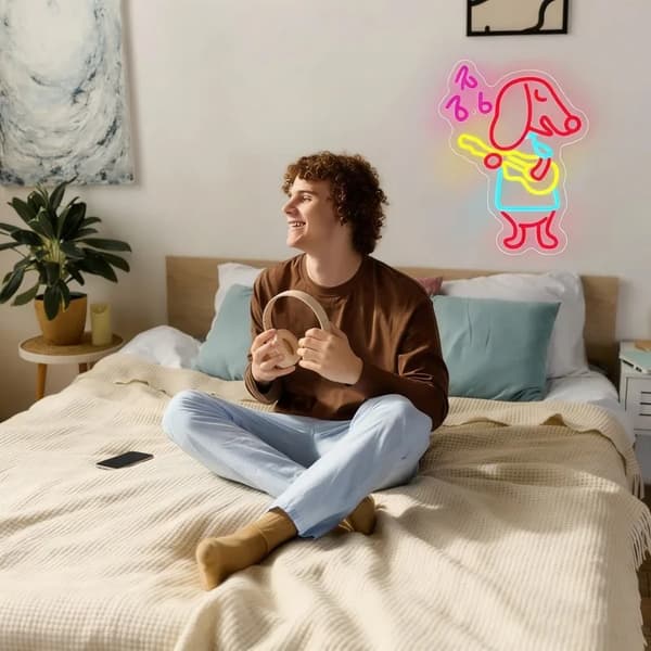 Hund Neon Skylt, Dimmbar LED Belysning, USB Driven,43x32cm