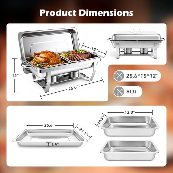 Chafing Dish Sæt, Fødevaregodkendt Rustfrit Stål, 23 x 14 x 12 tommer, 9 L Kapacitet, 2 Stykker, Rektangulær Form