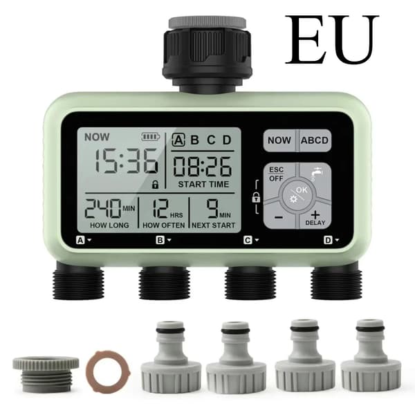 Vattningstimer, 4-zonsautomation, LCD-display,EU-KONTAKT