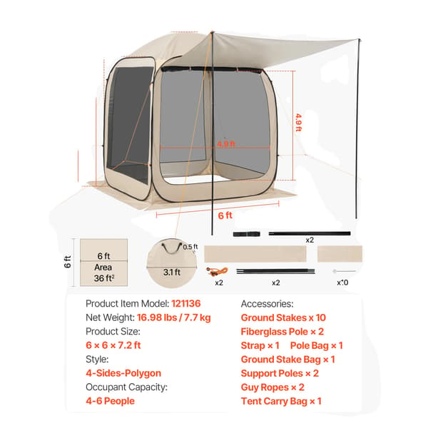 Skärm Tält, Pop-Up Design, Insektskydd,6x6ft