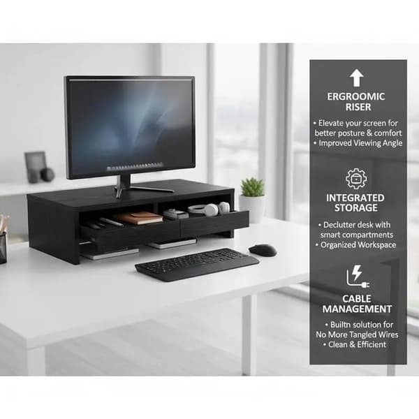 Monitorställ, konstruerat trä, 2 förvaringslådor,svart