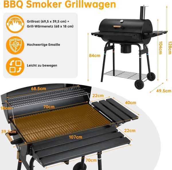 Kulgrill, Indbygget Termometer, Foldbare Sidehylder,sort