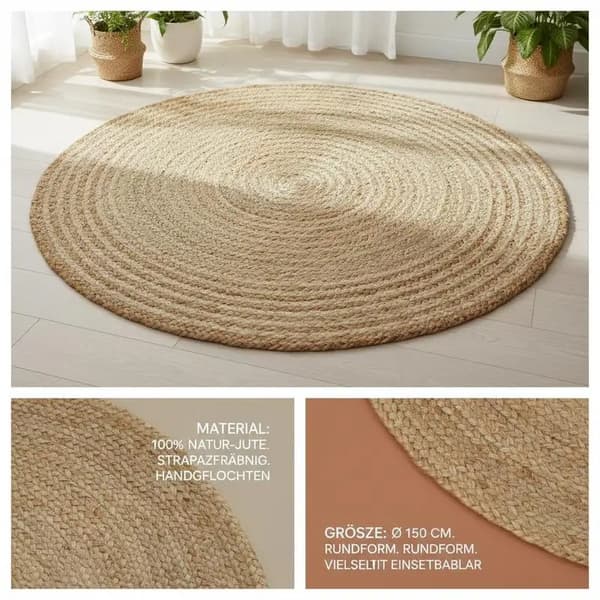 Jute Tæppe, Håndlavet, Miljøvenligt Design,Beige