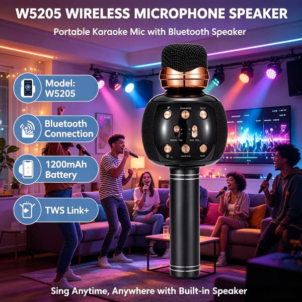 Trådløs Karaoke Mikrofon, Bluetooth 5.0, Stemmeeffekter,W5205
