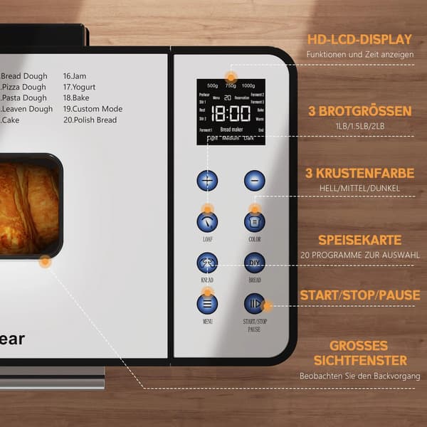 Brødmager, 20 Programmer, 15-Timers Timer, 2lb Kapacitet, Rustfrit Stål, Dimensioner 354x258x287mm