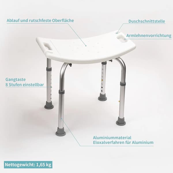 Duschpall, Justerbar Höjd, Stabil Aluminiumram,VIT