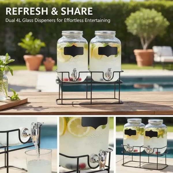 Glas Drikke Dispenser, 4L Kapacitet, Robust Stativ,Gennemsigtig