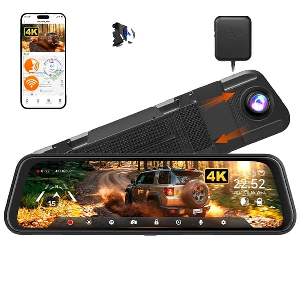 Dash Cam, 4K + 1080P Resolution, Dual Camera Function, NO HARDWARE KIT, Free 64G TF