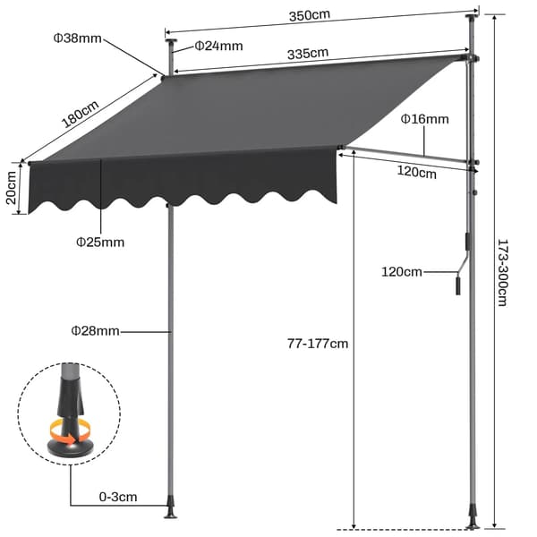 Markiser, Justerbar Højde, Vandtæt Design,Grå 3.5x1.2m