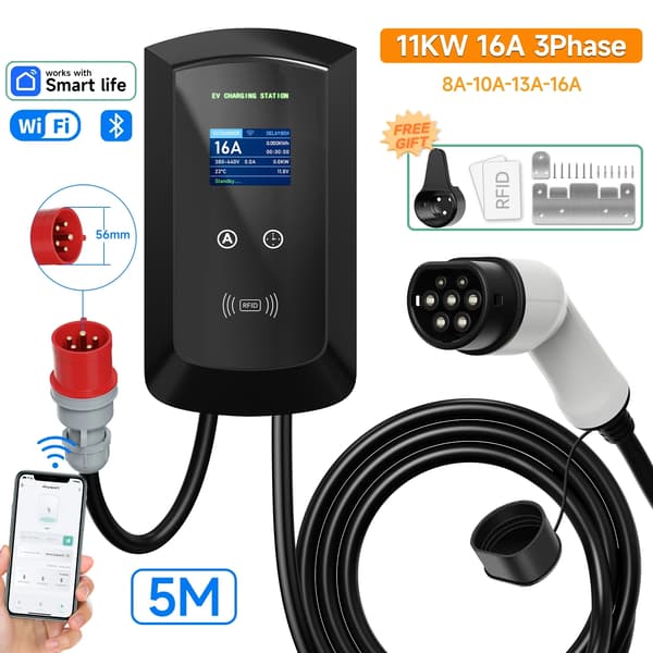 Elfordonsladdare, 11 kW effekt, Wi-Fi-kontroll, Typ2, 5M Typ 2