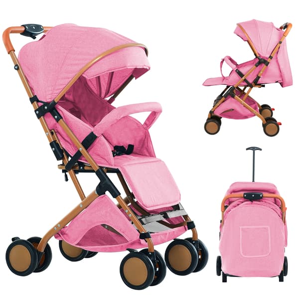 Barnvagn, Justerbart Ryggstöd, Kompakt Fällbar Design,Rosa