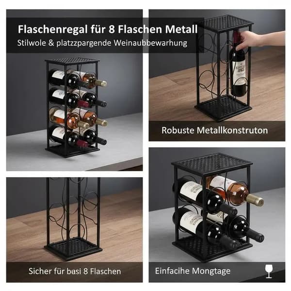 Vinkøler, Plads til 8 Flasker, Stilfuldt Metal Design,Sort