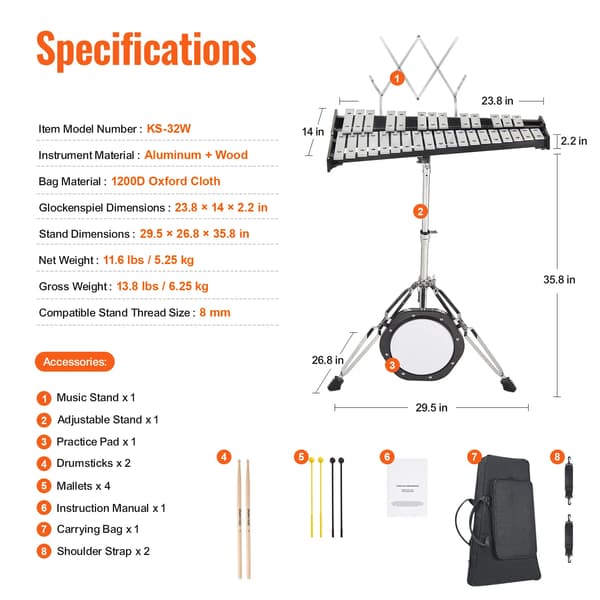 Glockenspiel, 32 noter, holdbar træbase,Med Stand Pad