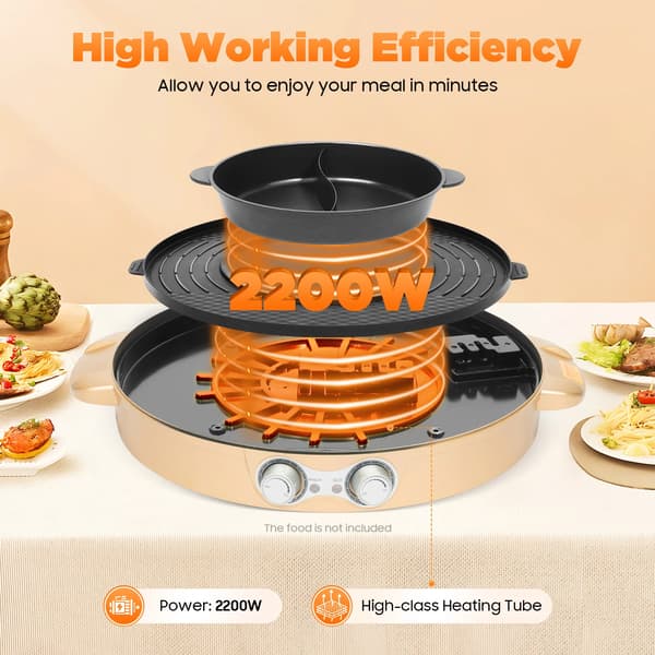 Hot Pot, Dobbelt-zone Madlavning, Non-stick Grillplade,Guld