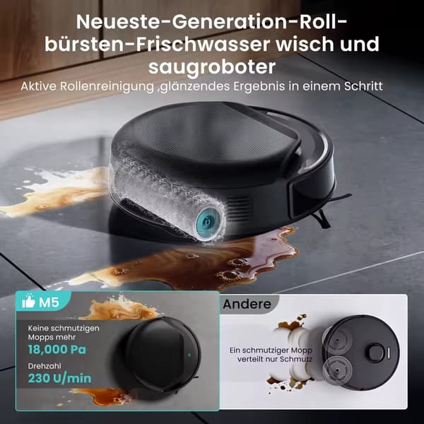 Robotstøvsuger, 18000 Pa Sugeevne, Intelligent Moppesystem,M5 Sort