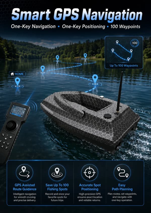 Bait Boat, Dobbelt GPS Positionering, Høj Kapacitet Batteri,sort