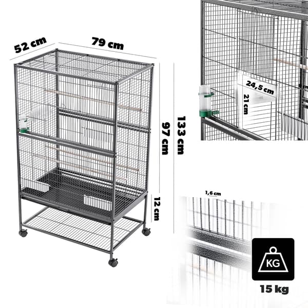 Fågelbur, Rymlig Design, Lätt Åtkomst,L, GRÅ