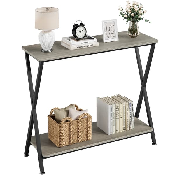 Narrow Console Table, 2-Tier Design, Sturdy Metal Frame,Grå 80x30x81cm