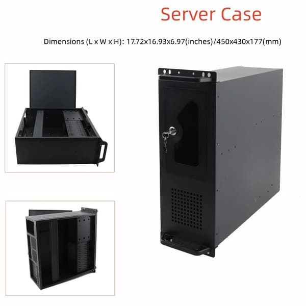 Serverchassi, Full Tower, 4U Formfaktor, 17,72 x 16,93 x 6,97 tum, Stöder ATX/Micro-ATX/Mini-ITX, 7 PCI-expansionsplatser