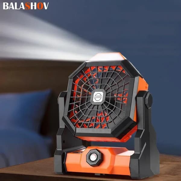 Campingfläkt, uppladdningsbart batteri, justerbart LED-ljus,Orange