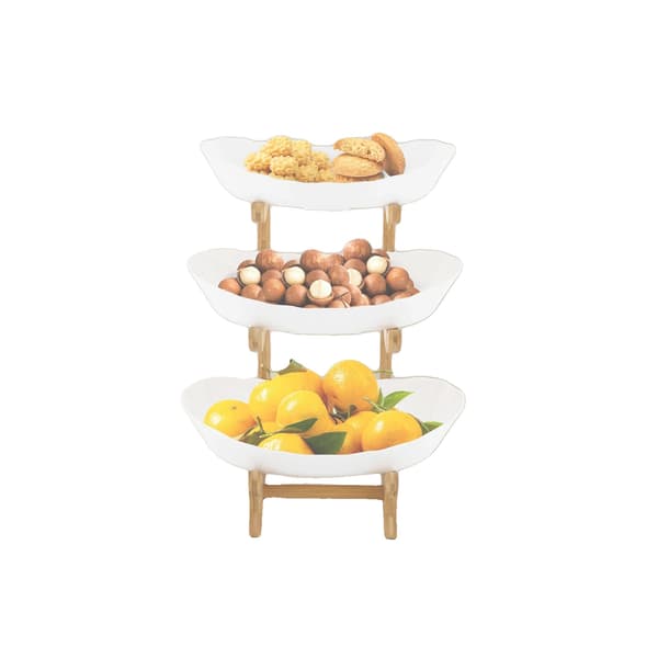 Snack Dessert Kagefad, 3-lags Design, Bambus Træ Stativ,HVID