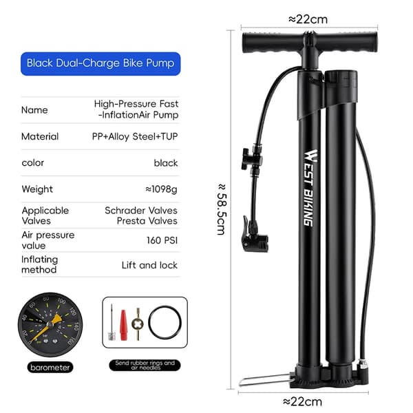 Cykelpump, Manuell Drift, 160 PSI Tryckmätare,Ny svart