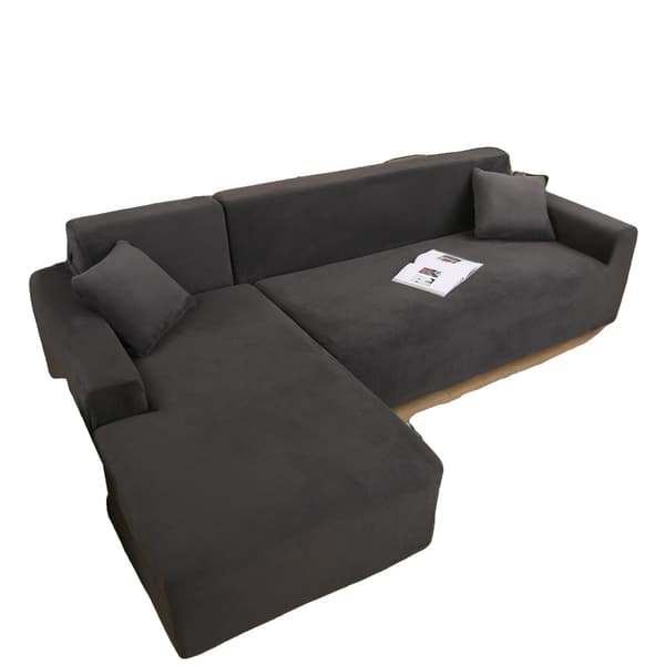 Sammetsoffapåse, L-formad design, högstretchtyg,3 Sittplatser-3 Sittplatser, Mörkgrå
