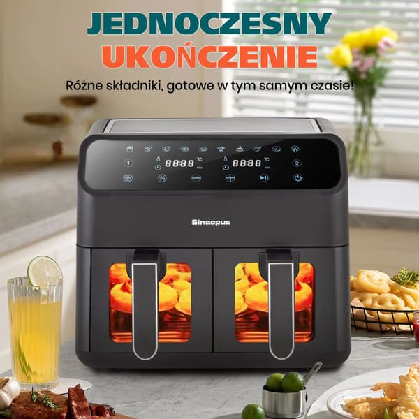 Luftfritös, 9L kapacitet, 2000W effekt, temperaturintervall 80-200 °C, dubbelkorgdesign, LED-touchpanel