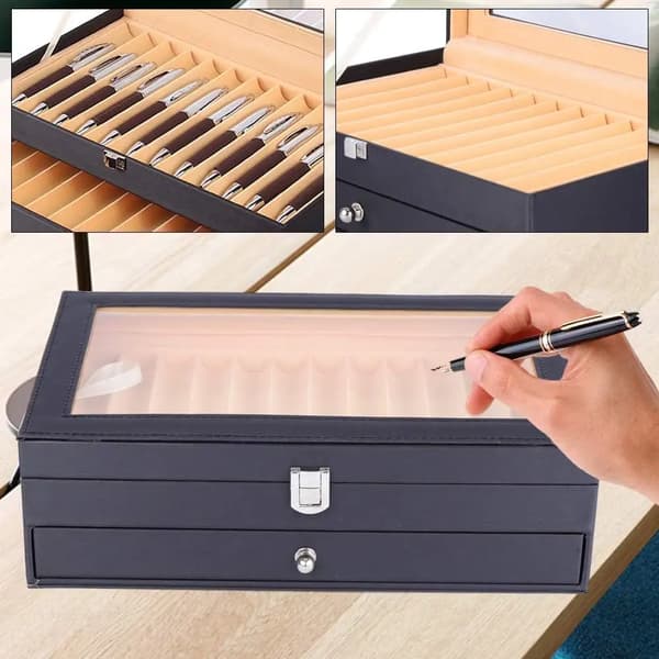 Pen Display Box, 24 Rum, Elegant PU Læder Design,sort