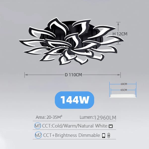 Loftlampe, Moderne Lotus Design, Justerbar Farvetemperatur,Sort 18 hoveder