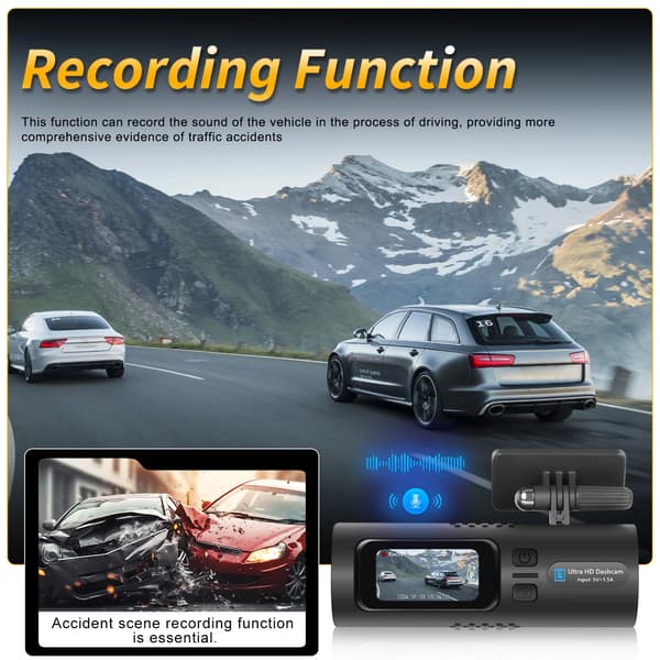 Dash Cam, 2K Opløsning, Parkeringsovervågningsfunktion,1.5" Dash Cam