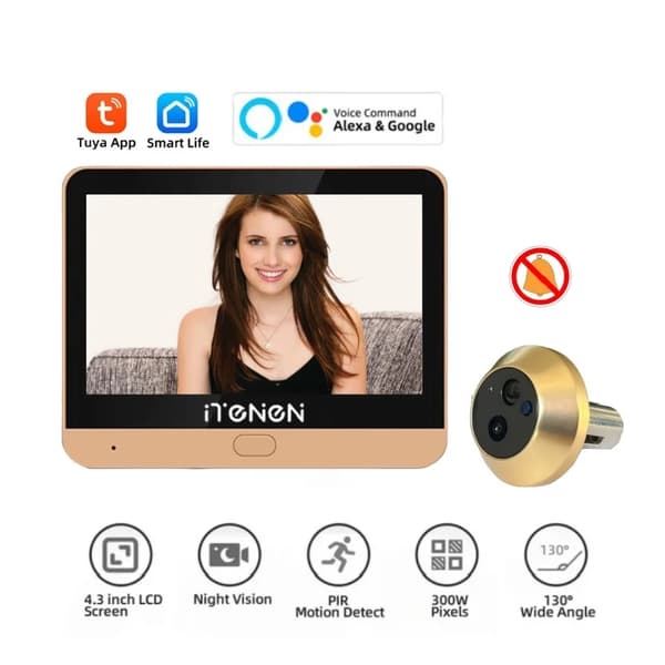 Digital Dørkikkert, 1080P Kamera, Wi-Fi Forbindelse,Guld(Alexa)