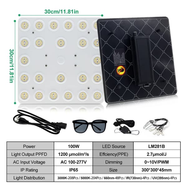 LED Växtlampa, Hög PPFD, Dimmbar Design,100W