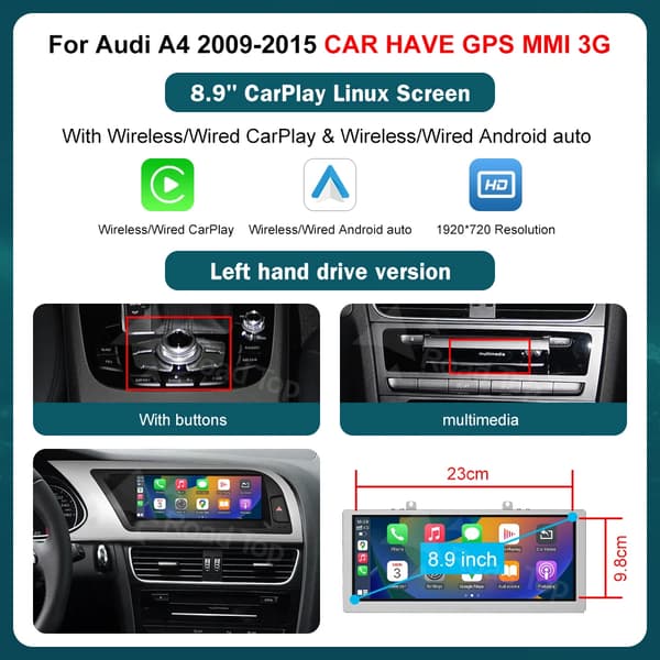 Bil Multimedia Skærm, Trådløs CarPlay, Android Auto,8.9 LHD MMI 3G