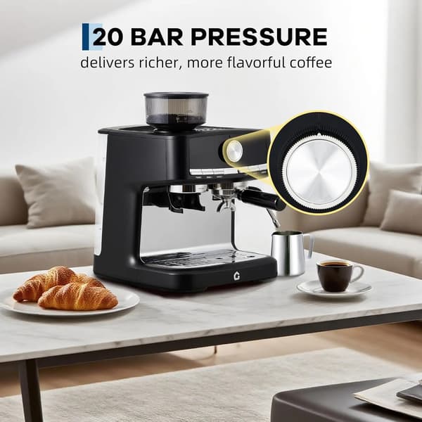 Semi-automatisk espressomaskine, 15-bar tryk, integreret kværn,sort