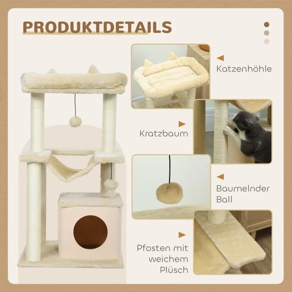 Kattetræ, 48L x 48B x 90H cm, Solid Spånplade, Egnet til katte under 4 kg, Dobbelt niveau, Blød plys