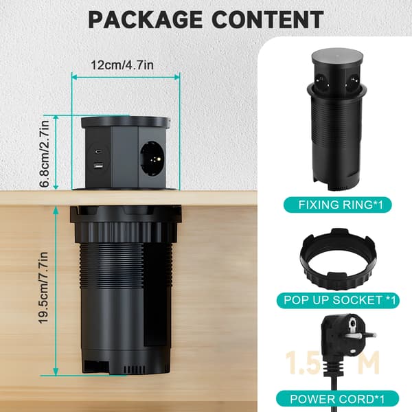 Retractable Pop-Up Stikdåse, Trådløs Opladning, USB-porte,220V, sort