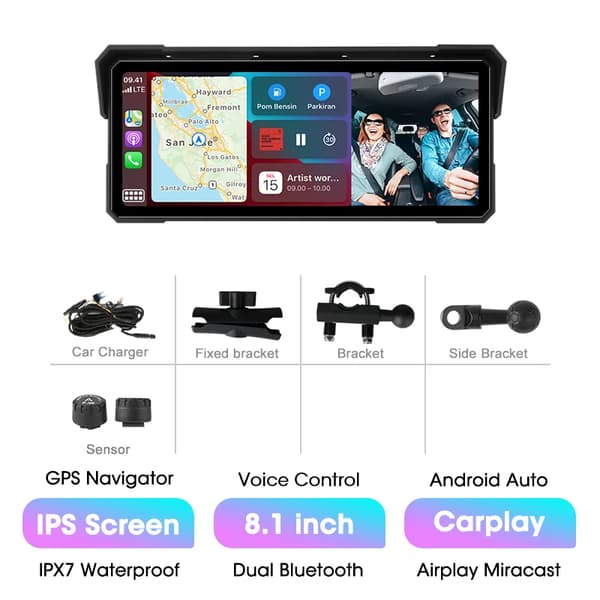 Motorcykel Smart Dashboard, Trådløs CarPlay, Android Auto,8.1 tommer Carplay-TPMS