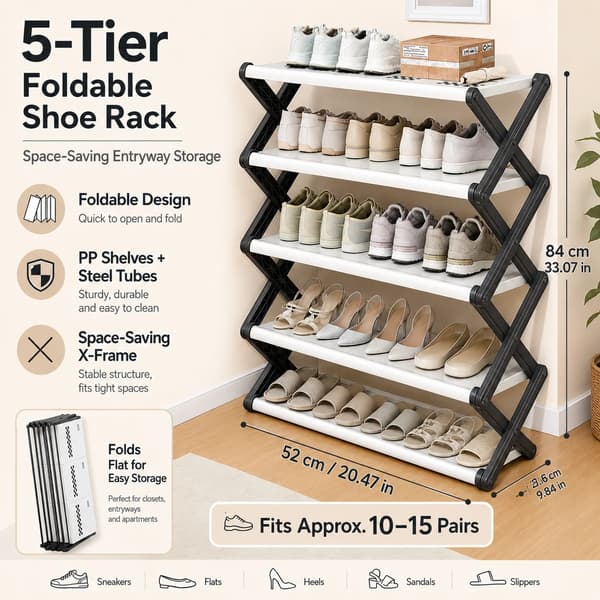 Sko Rack, Foldbart Design, Holdbart X-Ramme,Mørk Khaki