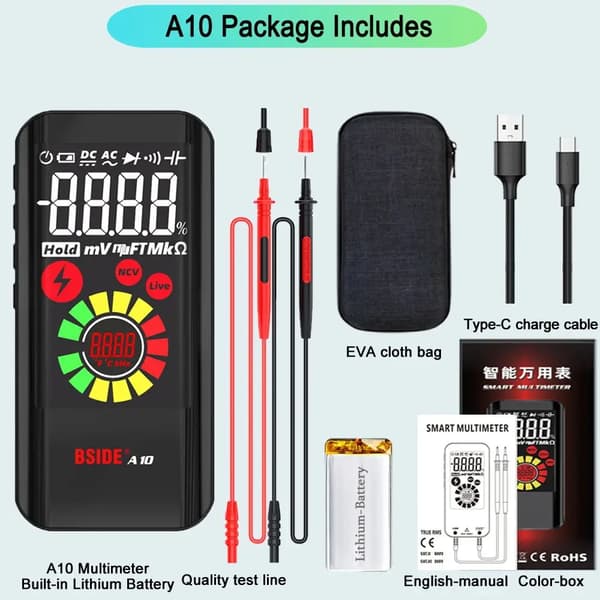Digital multimeter, uppladdningsbart batteri, EMF-detektering, BSIDE A10