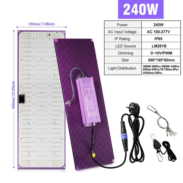 LED Växtlampa, Full Spektrum, Dimmbar,240W