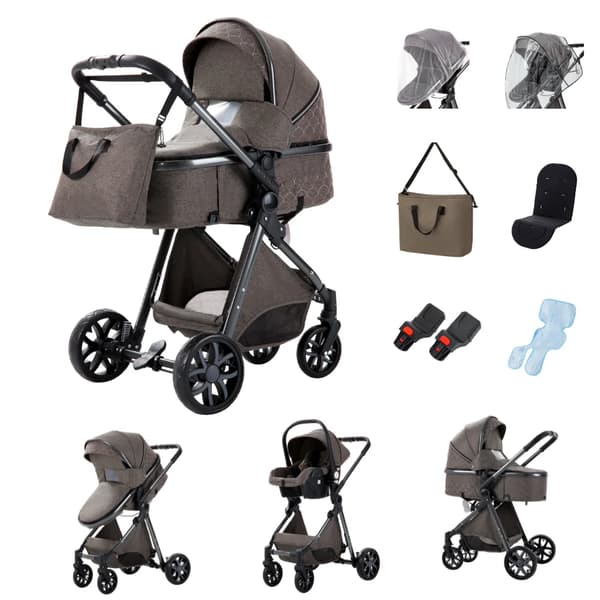 Barnvagn, 3-i-1 Design, CE Certifierad,hV9 CHOKLAD