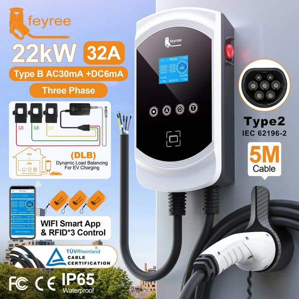 EV-laddare, Smart WiFi-kontroll, Dynamisk belastningsbalansering,Typ2, 22KW 32A 3 fas