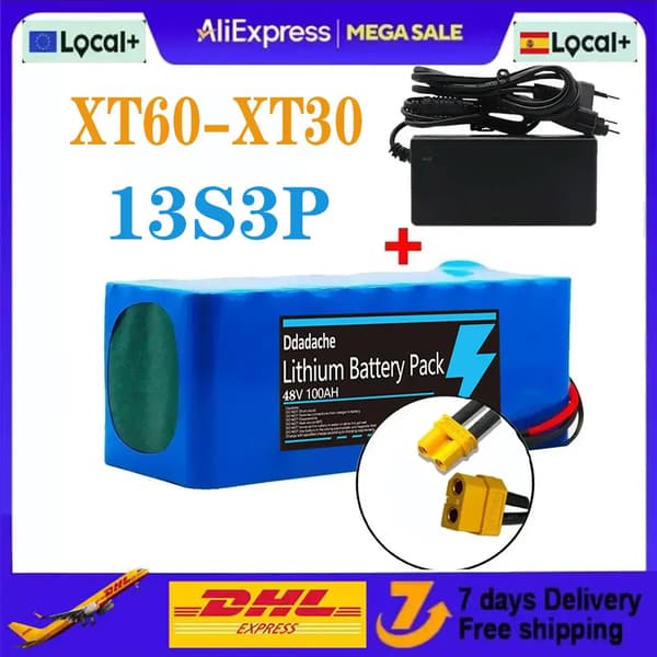 Litiumjonbatteri, 100Ah kapacitet, 48V spänning, XT60-XT30-laddare