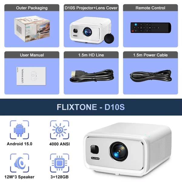 Projektor, Full HD, Autofokus,EU Stik, Flixtone D10S