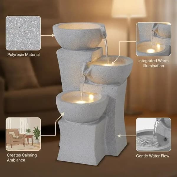 Inomhusvattenfall, polyresin, 3-lagers design, 27,2 × 27,8 × 39,5 cm, enkel montering, komplett cirkulationssystem