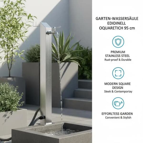 Havevandsøjle, Rustfrit Stål Konstruktion, Elegant Firkantet Design,Argent